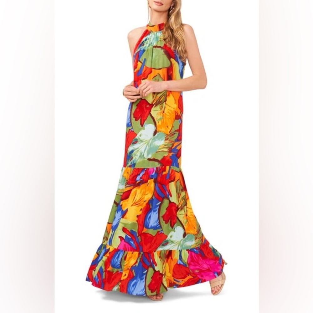 Vibrant Floral Halter Maxi Dress - Multicolor